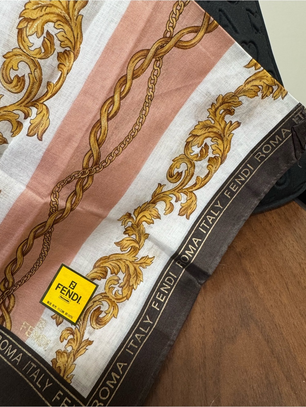 Fendi Pink, White and Brown Baroque Chain-Print Silk Scarf